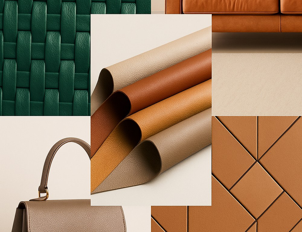 Sustainable microfiber leather moodboard showcasing eco fabrics and furniture textiles